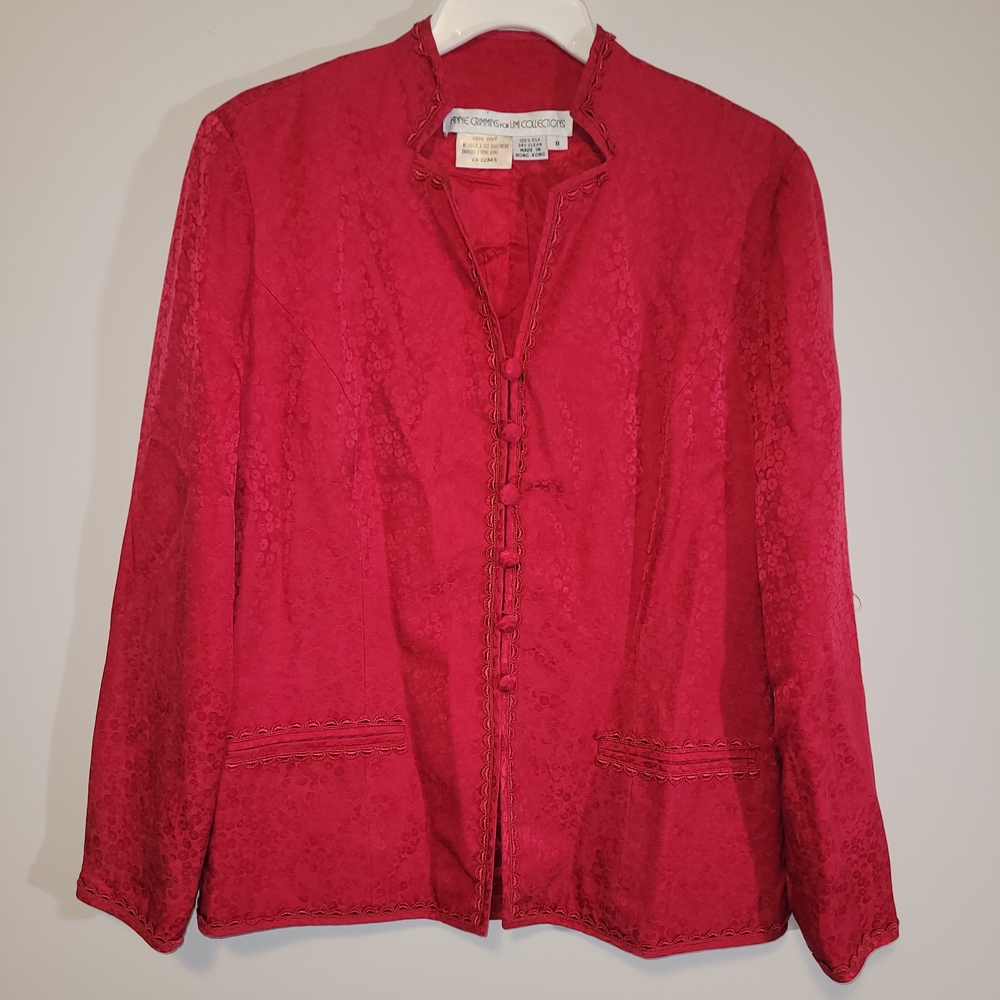Vintage Silk Skirt Suit Anne Crimmins Hong Kong Red Jacquard Set 8 - Picture 3 of 15
